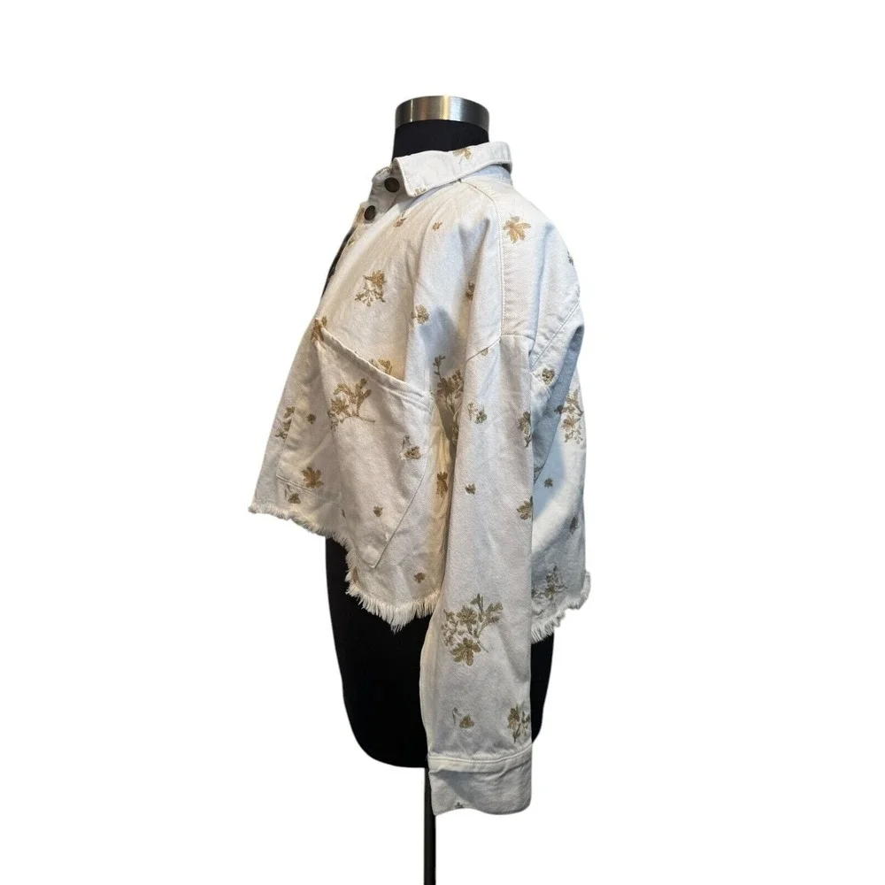Zara denim‎ jacket jean shirt white metallic floral embroidery medium NWT